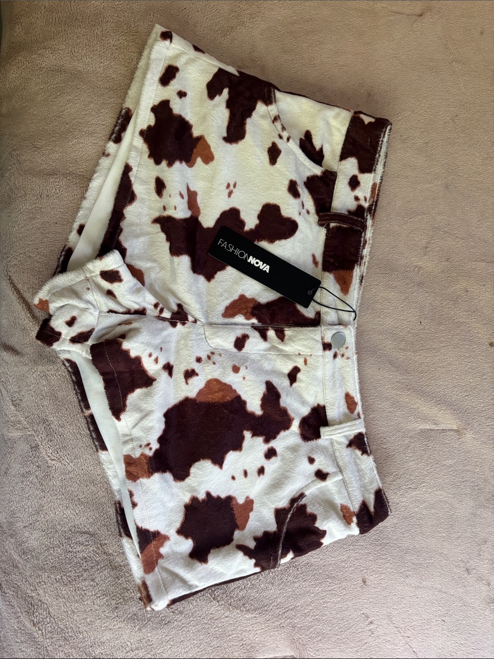 Fashion Nova Cow Spot Denim Shorts - White, Brown & Tan